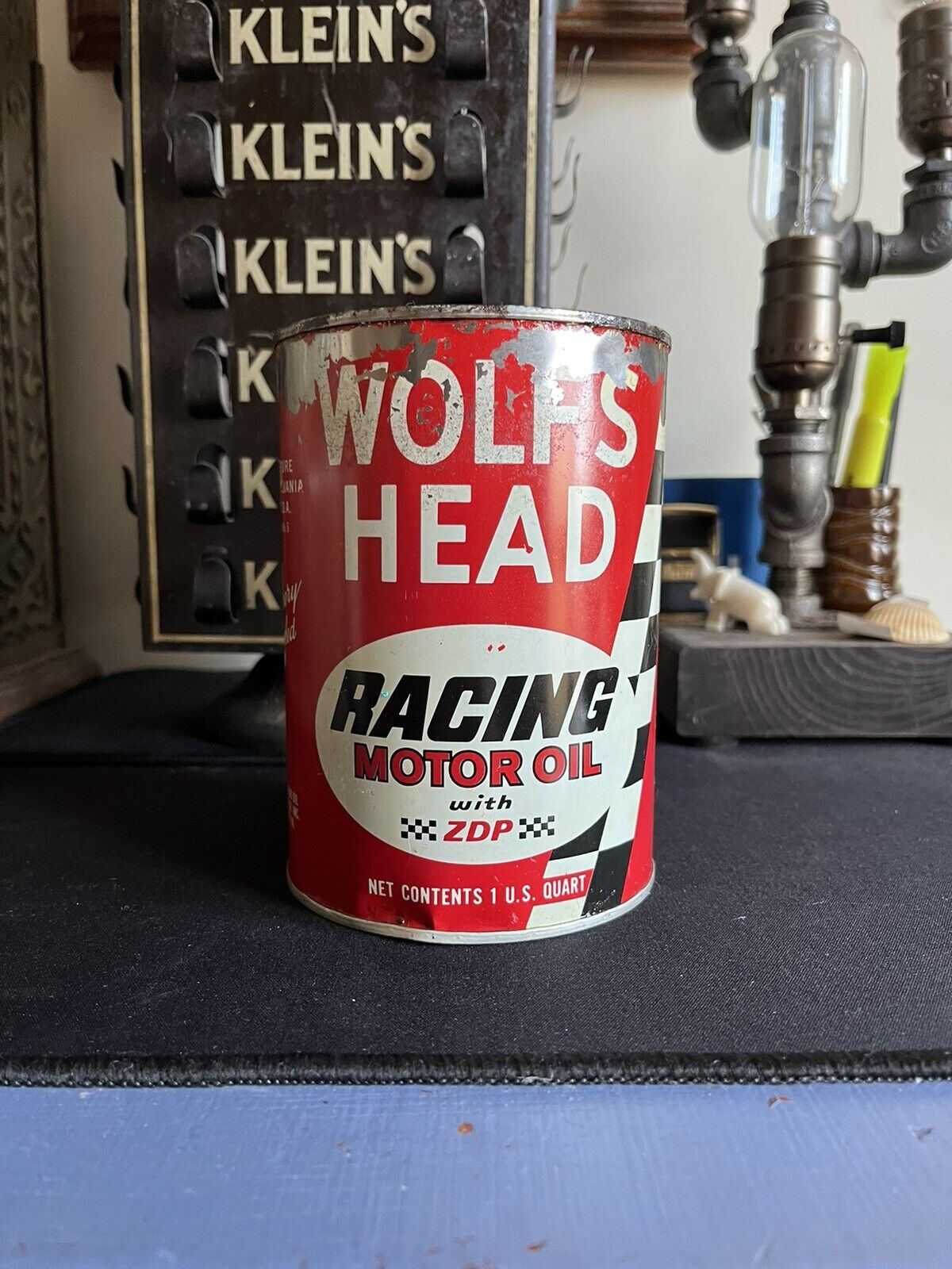 1960’s WOLF\'S HEAD RACING Motor Oil Can 1 qt. - Gas & Oil -FULL-