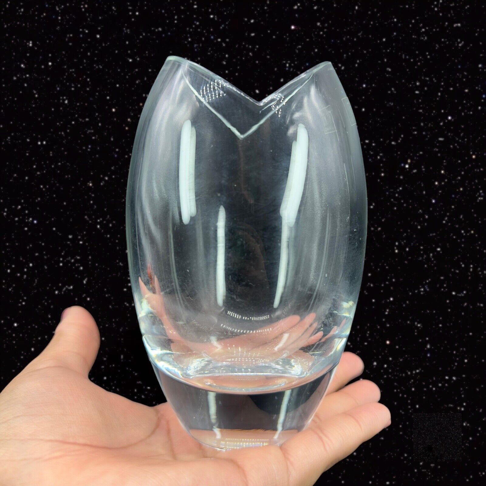 Tarnow Vase Crystal Art Glass Poland Open Fish Mouth Top Label Vtg Mid Century