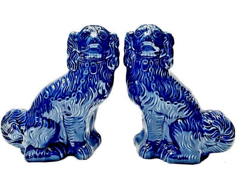 Scarce Royal Blue Staffordshire Mantle Dogs c.1950s ~ A Matched Pair