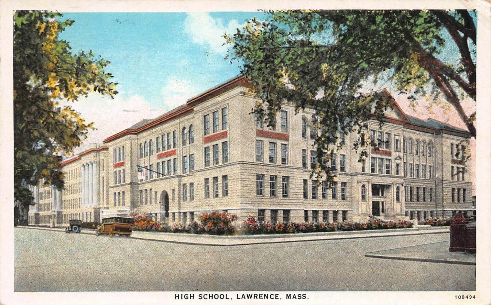 High School, Lawrence, Massachusetts, Early Postcard, Used in 1930