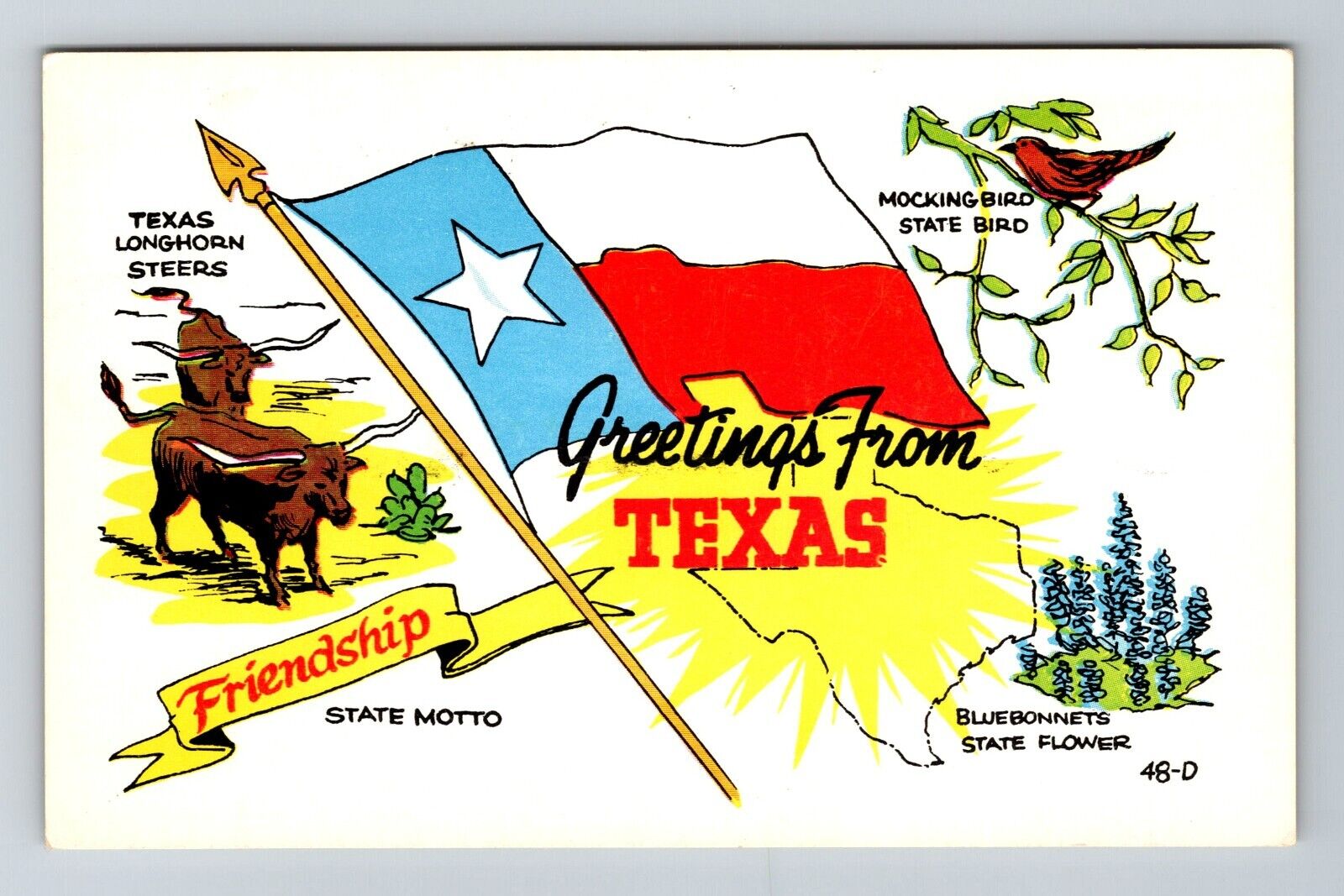 TX-Texas, General Greetings, State Bird, Flag, Motto, Vintage Postcard