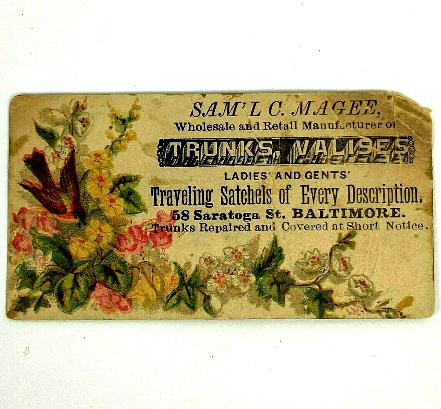 Victorian 1800s Trade Card Sam Magee Traveling Trunks Valises Baltimore MD