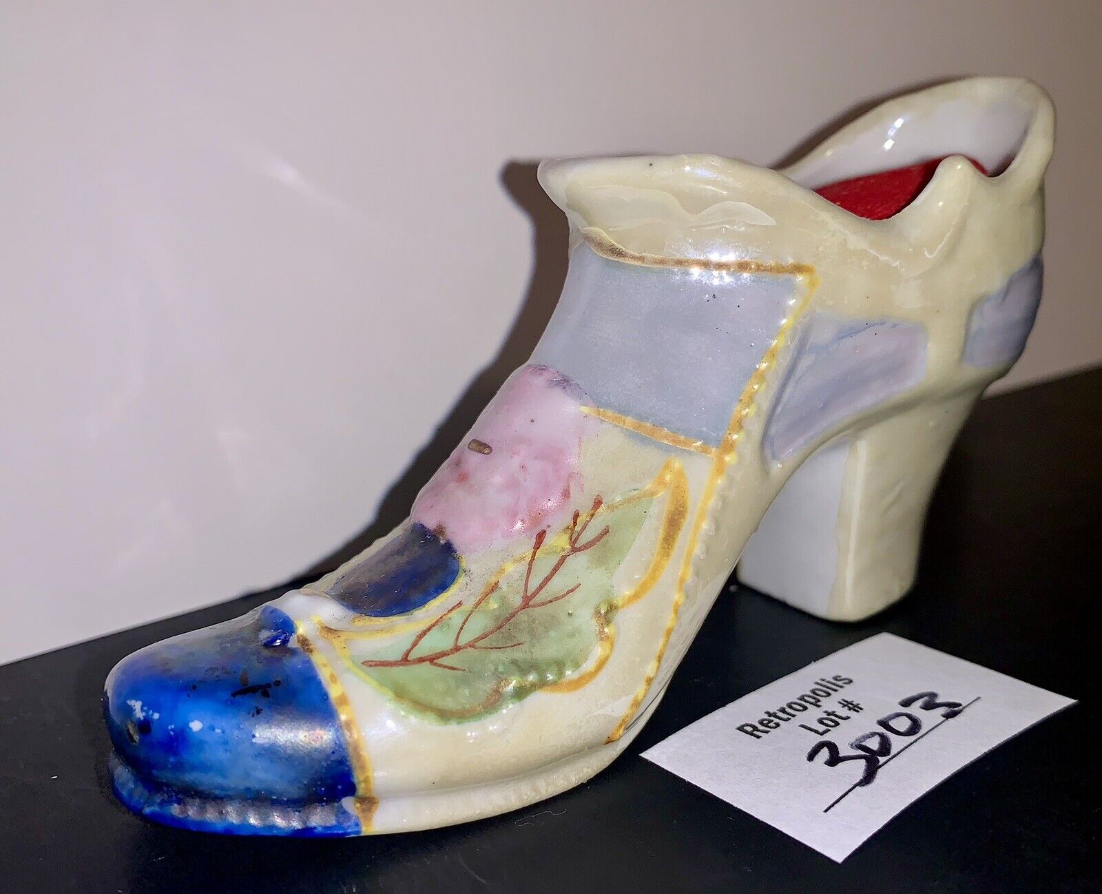 Ceramic Lusterware Victorian Shoe Slipper Pin Cushion Japan Vintage