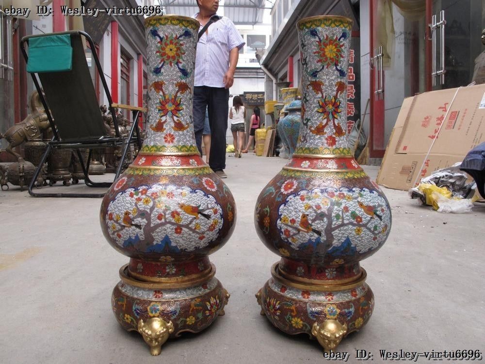 Chinese Bronze Copper Cloisonne Flowers bird Lion Foot Pot Jar Bottle Vase Pair