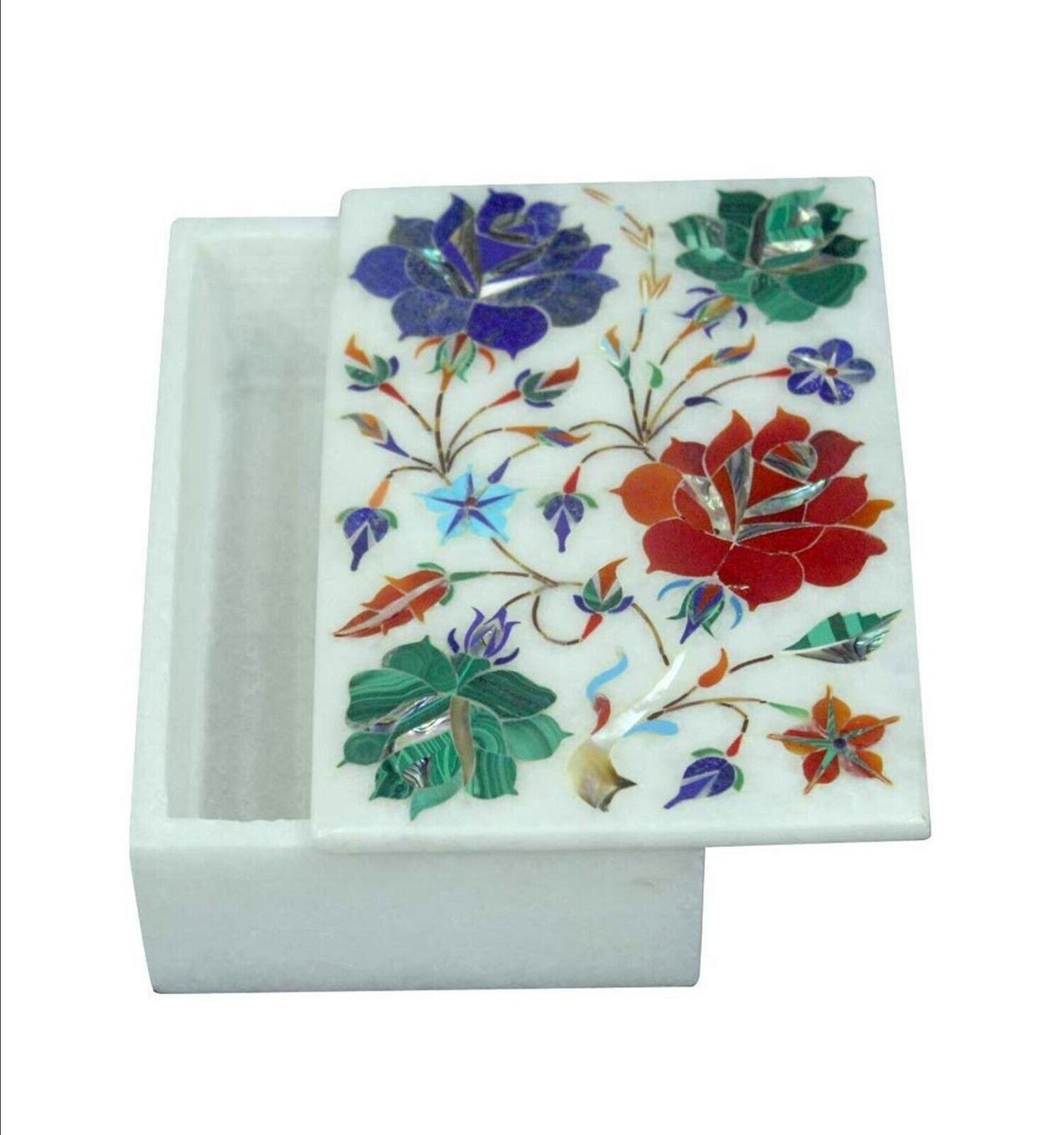 White Marble Jewelry Box Floral Design Inlay Work Decorative Box for Office Desk