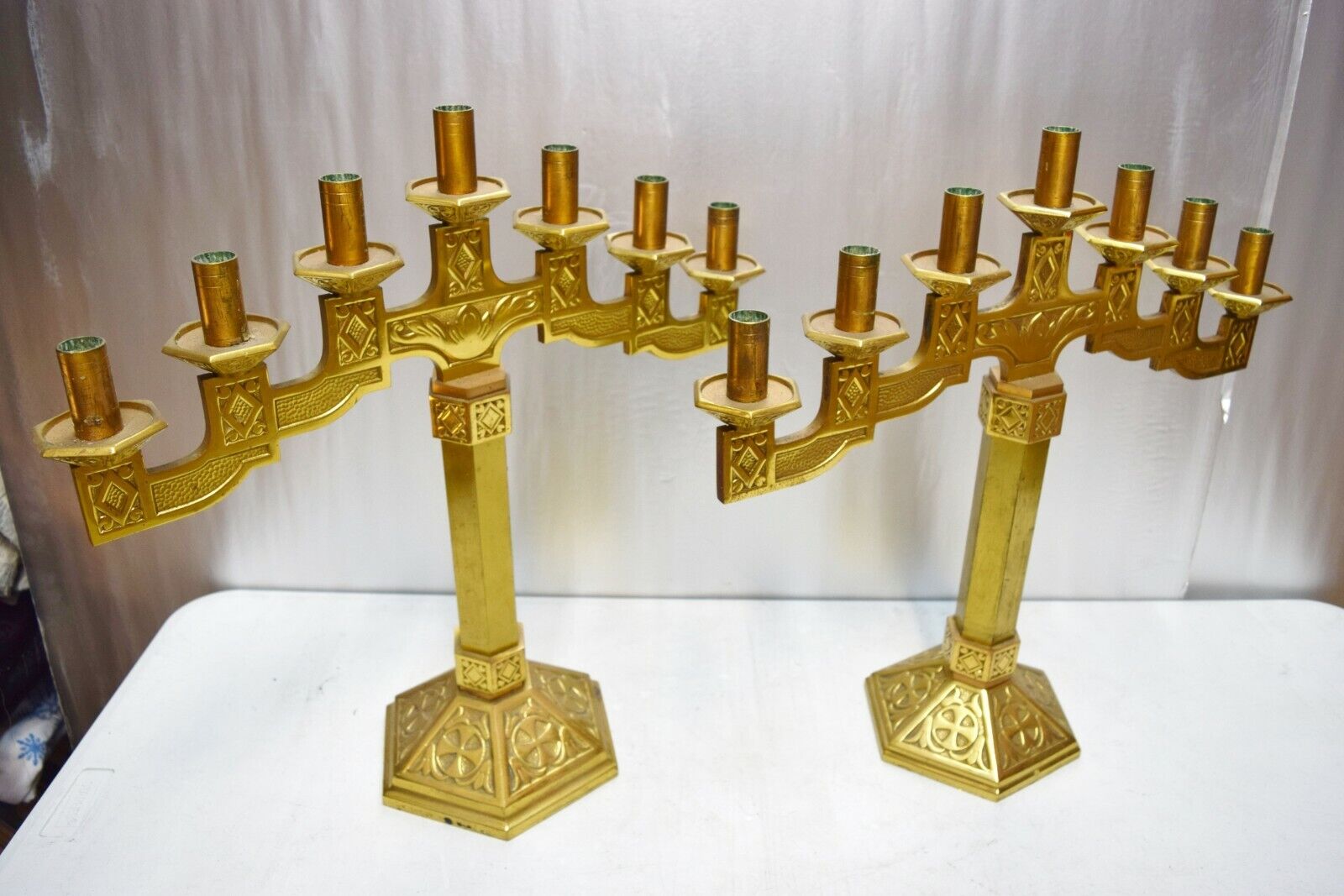 Antique Pair Brass / Bronze Church Altar Candelabra 7 Light 20 1/2\