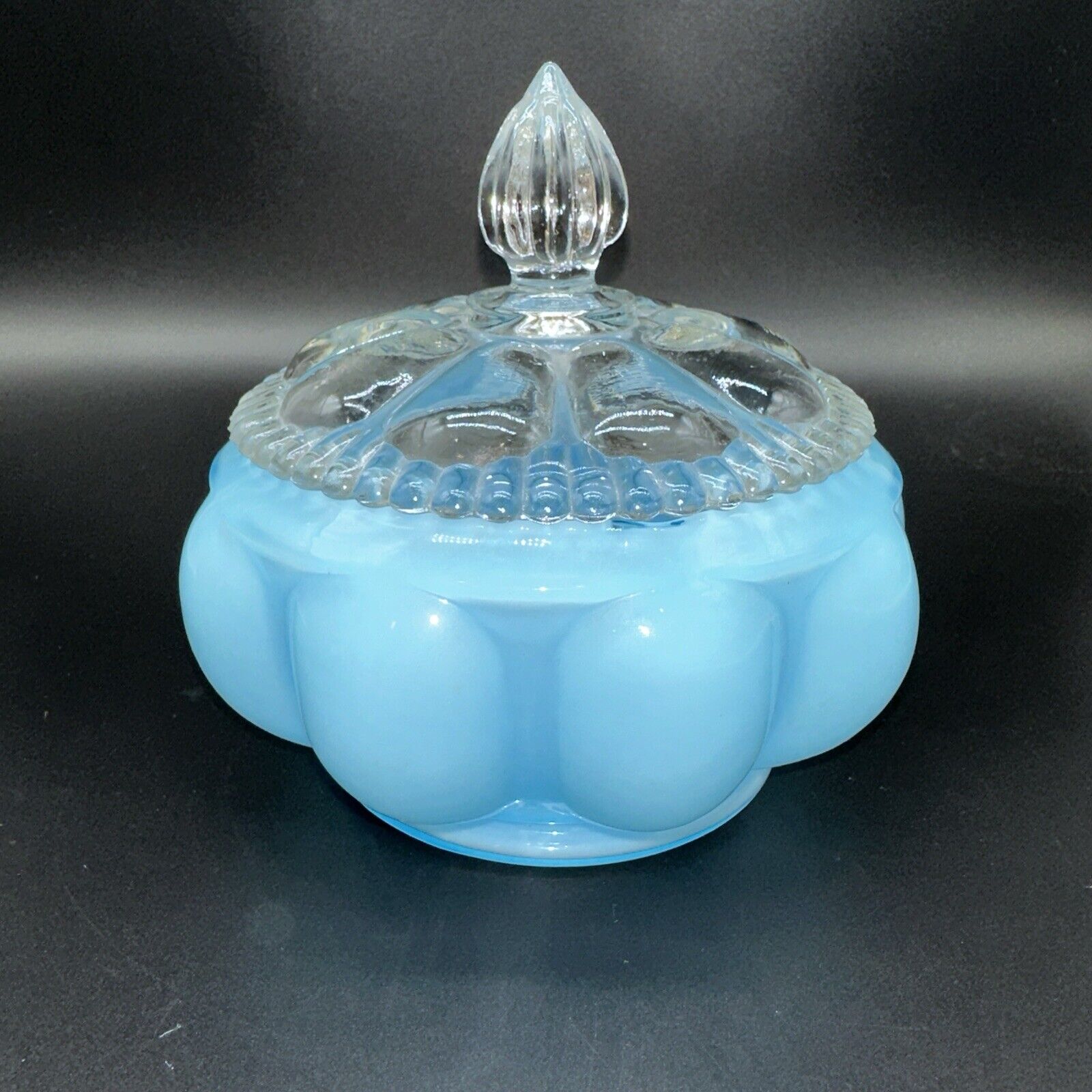 Fenton Beaded Melon Blue Opaline Vanity Powder Dish w/Clear Lid MCM Candy Dish