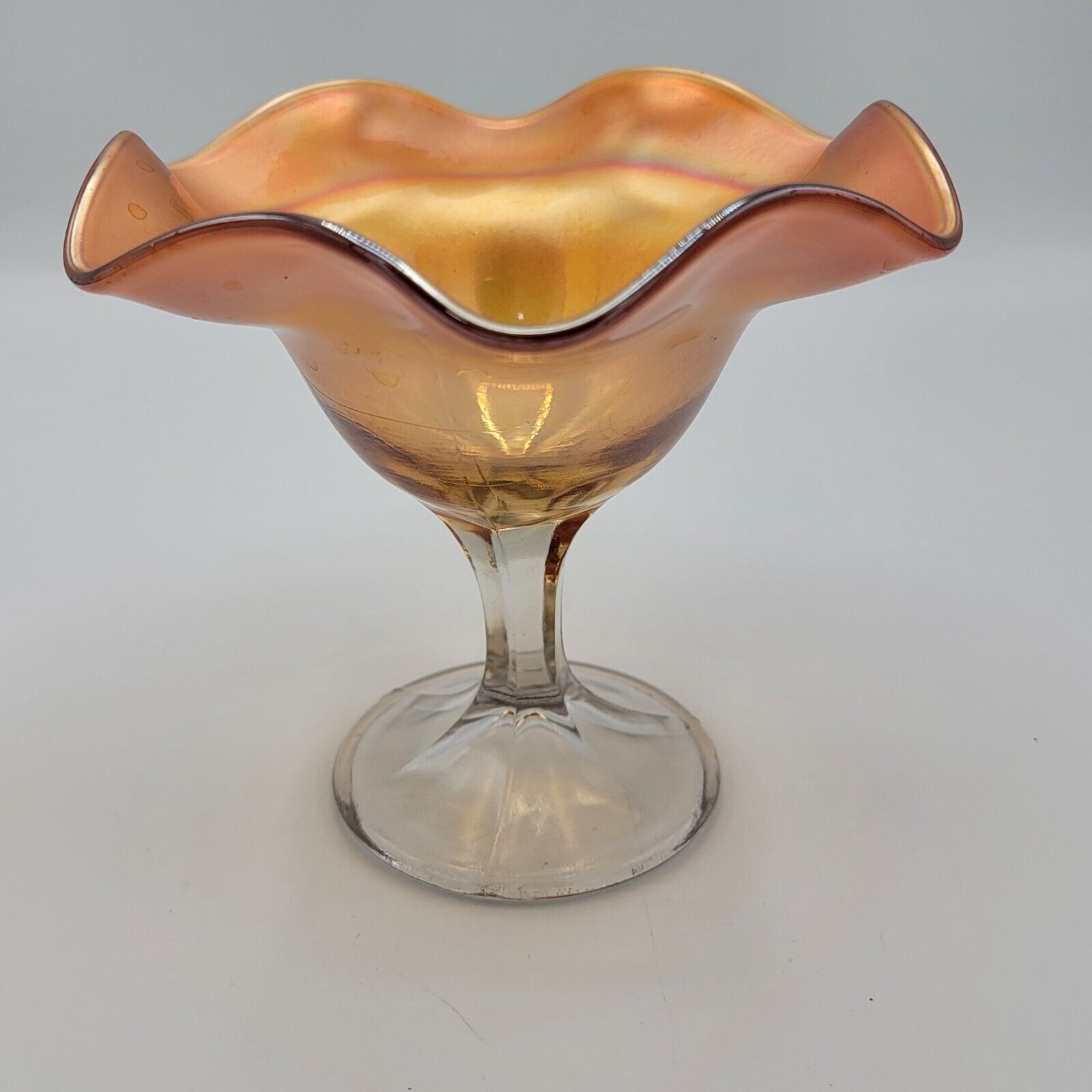 Vintage Pedestal Carnival  Marigold Iridescent Glass Candy  Compote  5 1/2\