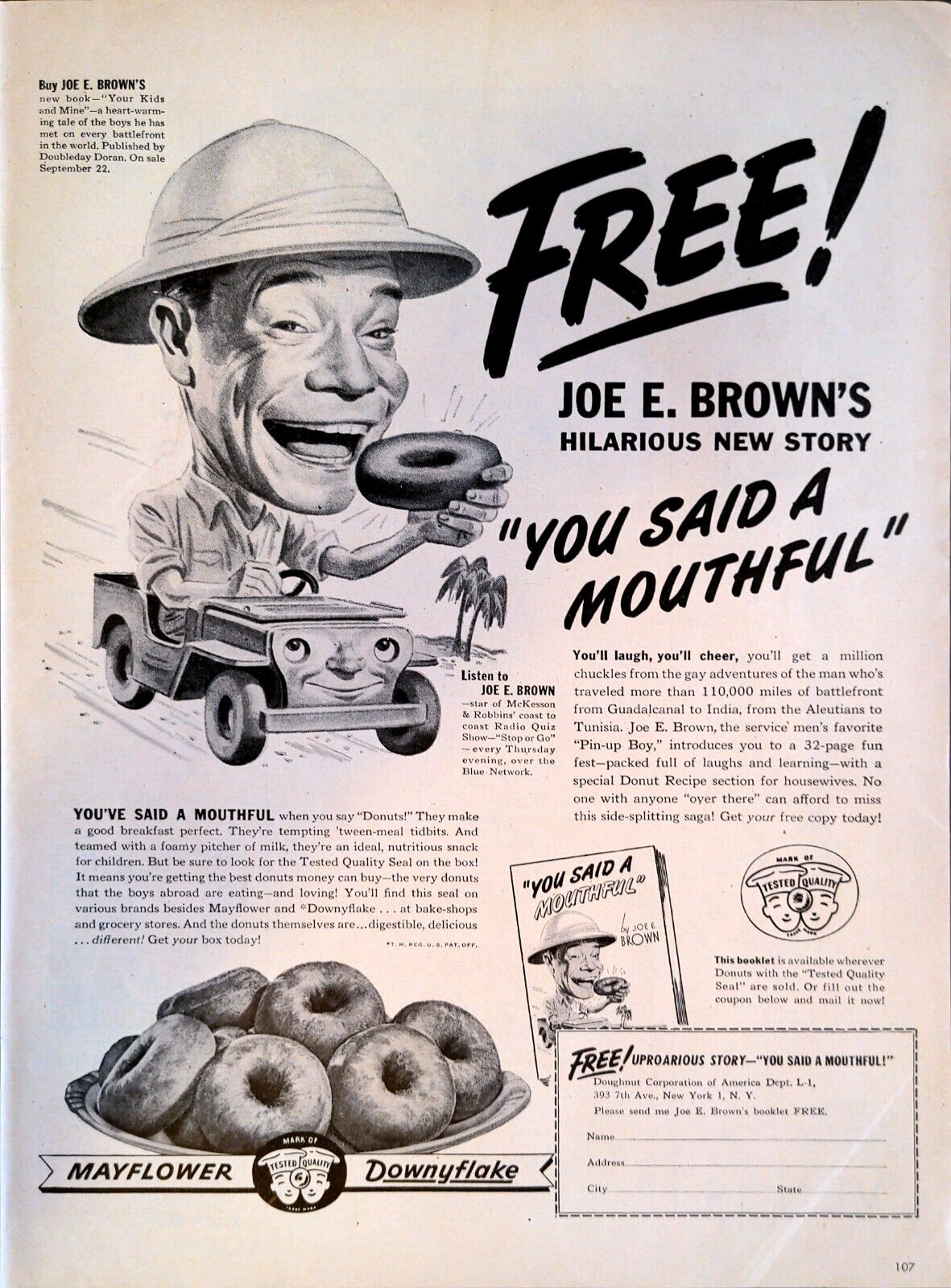 1944 Mayflower Downyflake Donuts Vintage Print Ad Joe E Brown Bog Mouth Comedian