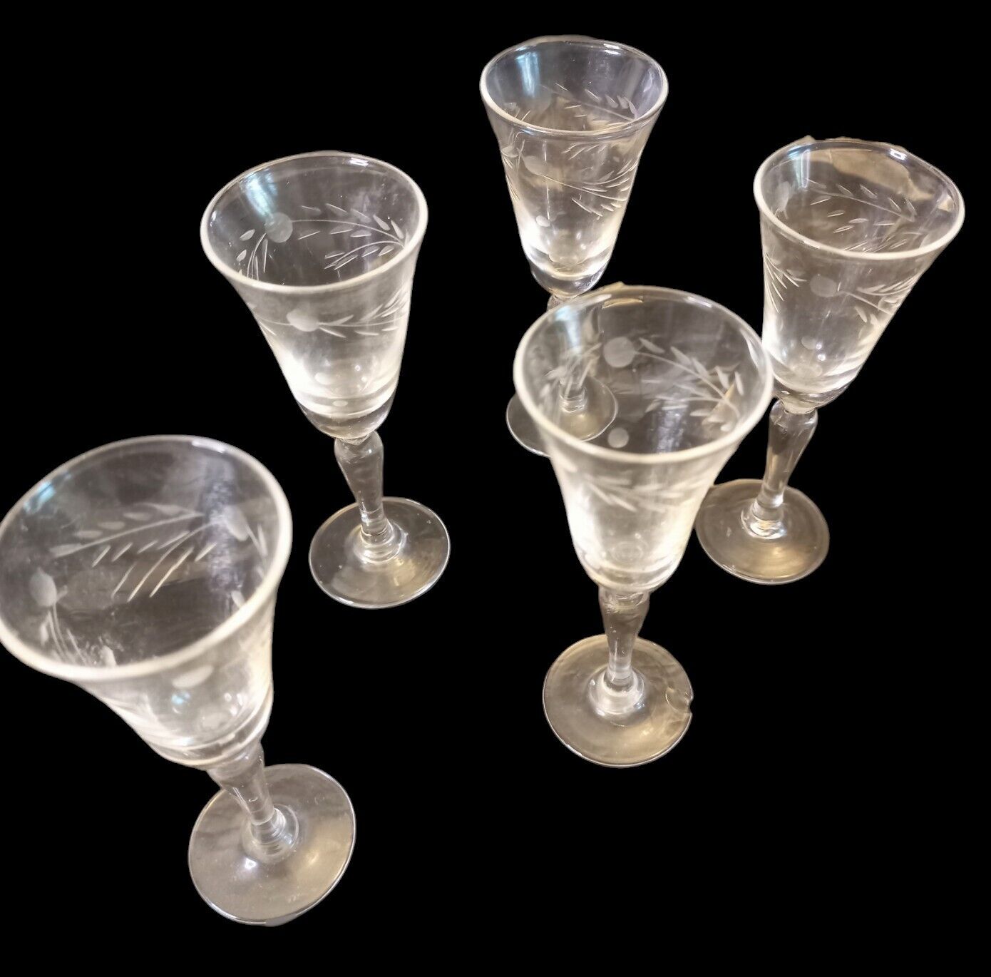 VTG 5 Sherry Glasses 2.5 oz Pioneer Glass Japan Clear Gray Cut Willow Moon
