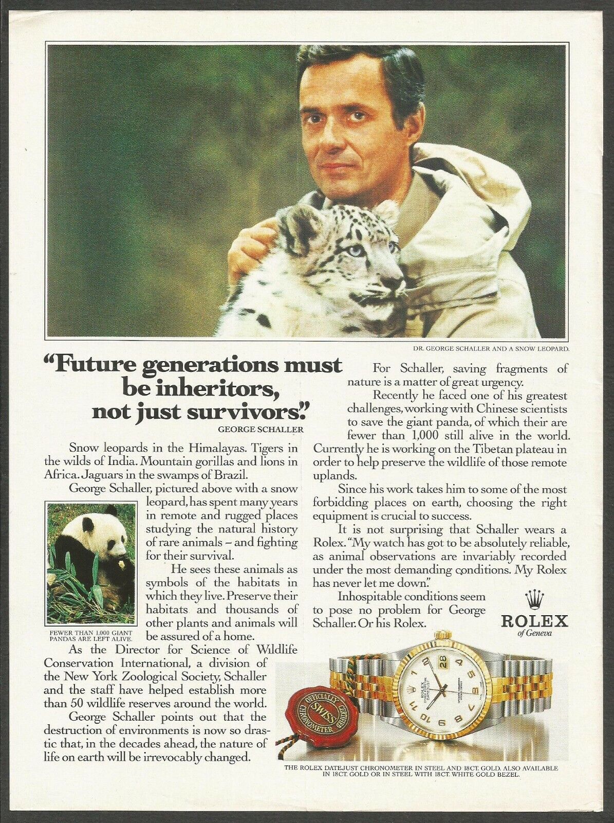 ROLEX - Dr.George Schaller and a Snow Leopard - 1989 Watch Print Ad