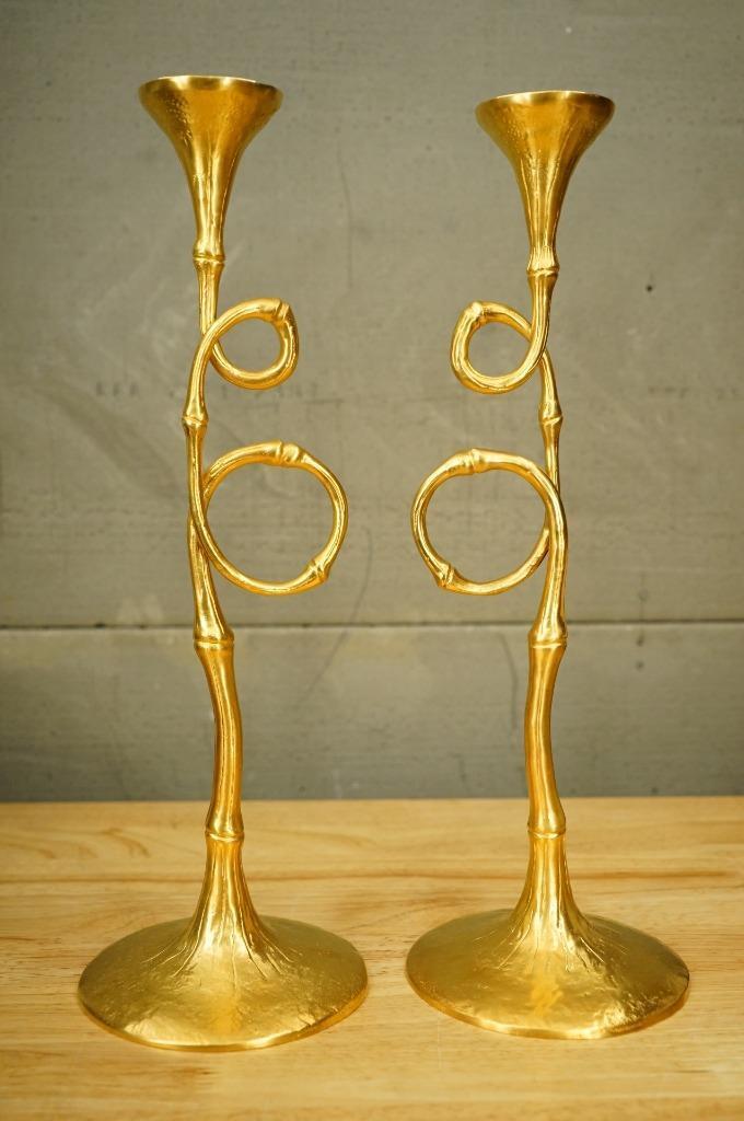 L\'Objet EVOCA Bamboo Trumpet Candlesticks Elad Yifrach 24KT Gold Plated Brass