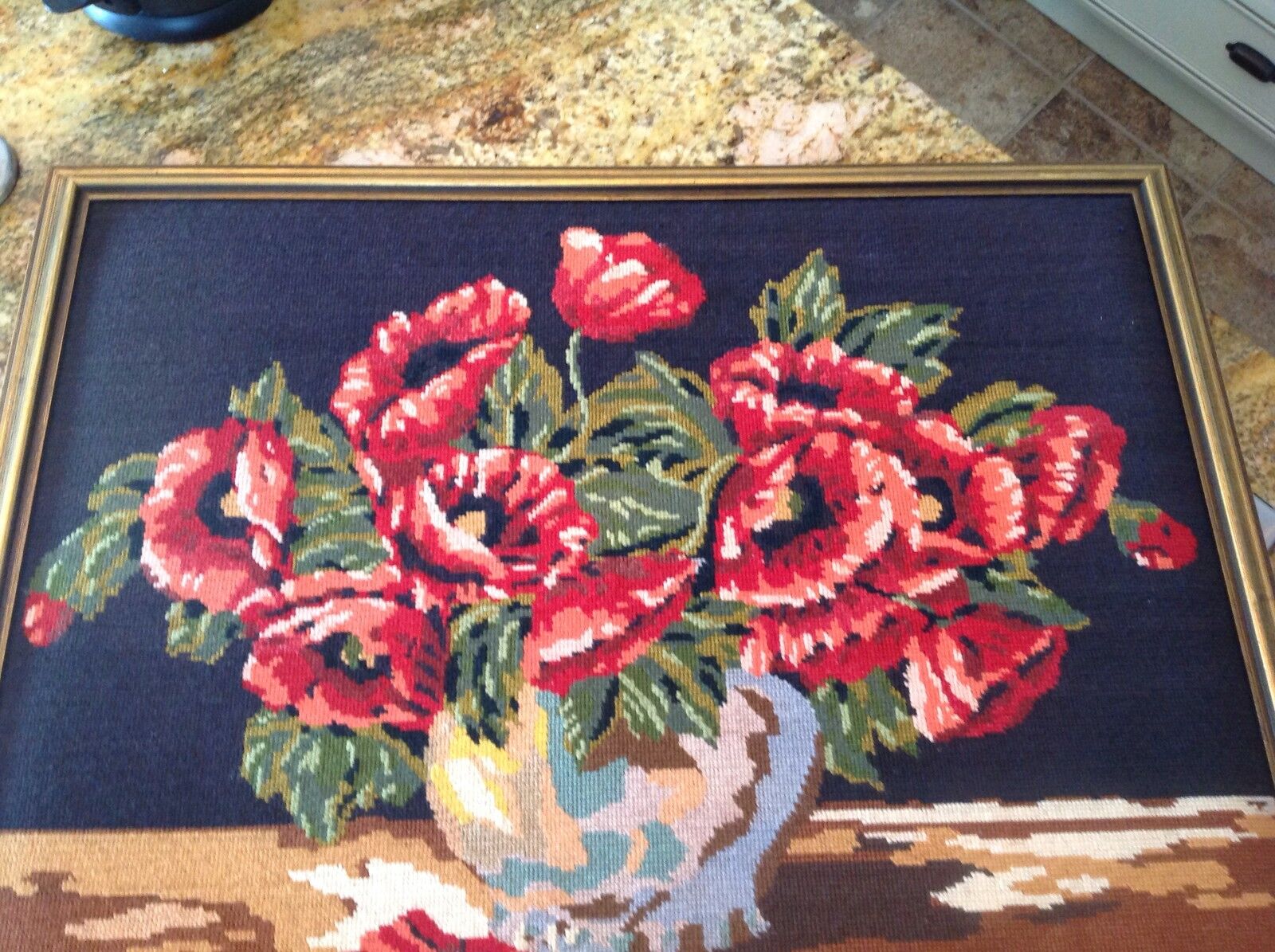 Beautiful large vintage estate needlepoint floral red roses with frame gorgeous.