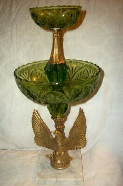 1960s EARLY AMERICAN BRASS EAGLE GREEN GLASS MARBLE 2 TIER COMPOTE MID CENTURY
