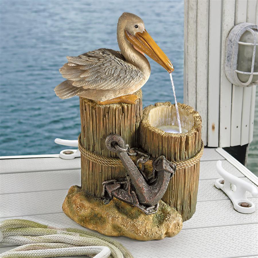 Pelican Ocean Seaside Roped Pilings Perch Coast Bird LED Water Feature Fountain