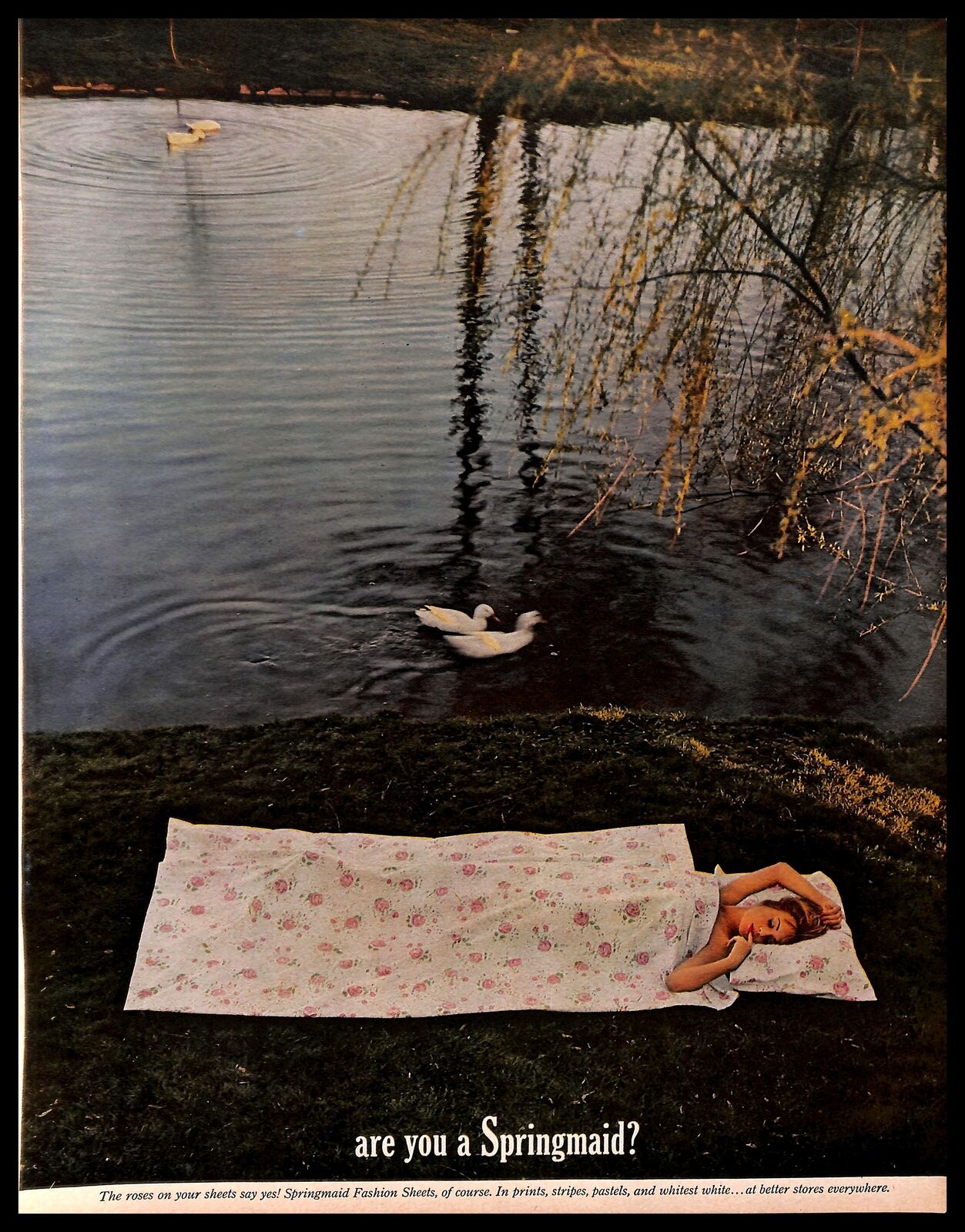 1960 Springmaid Fashion Sheets Vintage PRINT AD Bedding Lady Sleeping Lake Ducks