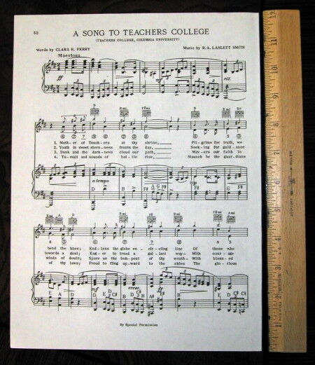 COLUMBIA UNIVERSITY TEACHERS COLLEGE Vintage Song Sheet c 1938 - Original