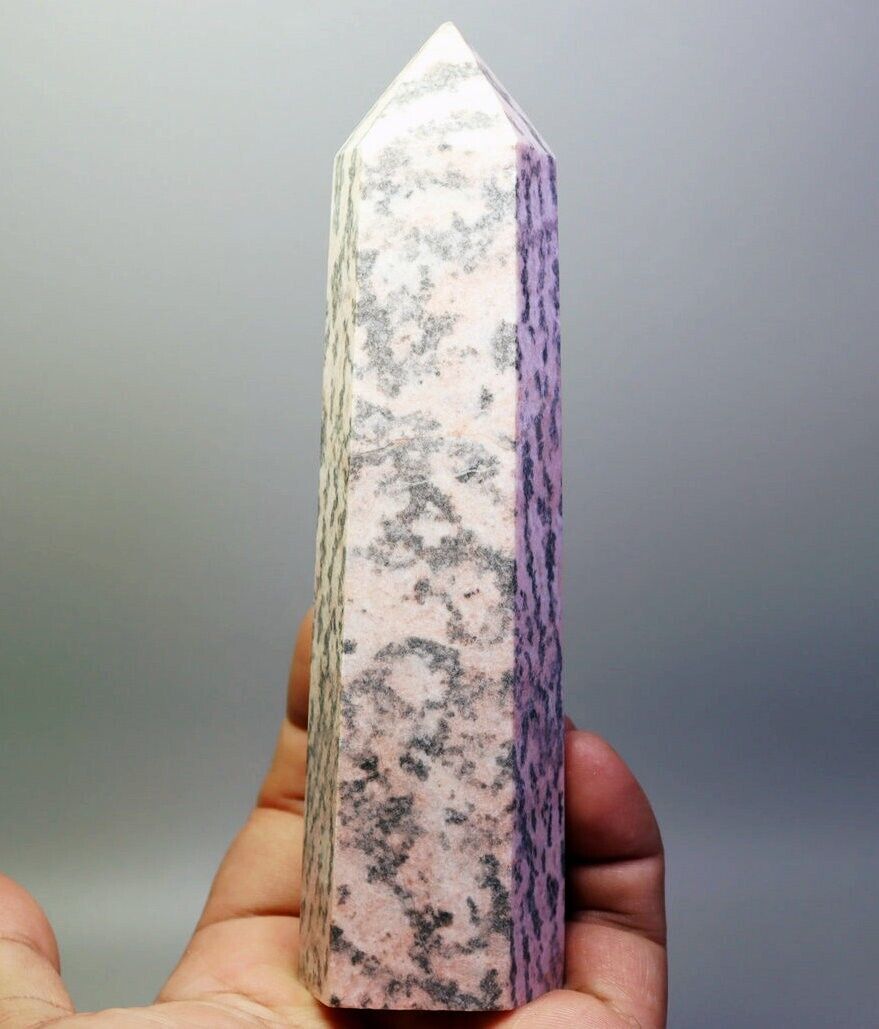 422g Natural Pink Zebra Granite Stone Quartz Crystal Obelisk Point Wand Healing