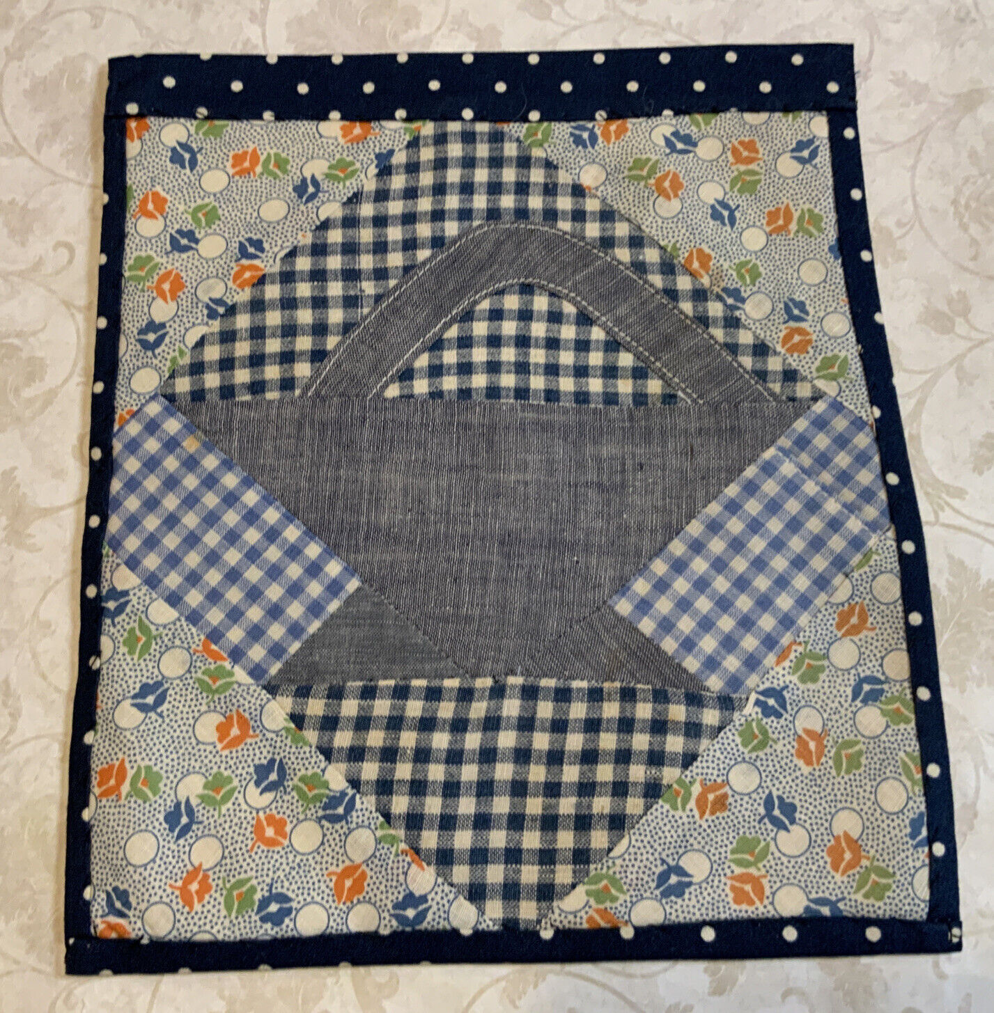 Vintage Patchwork Quilt Wall Hanging Or Table Topper, Basket, Blue & White