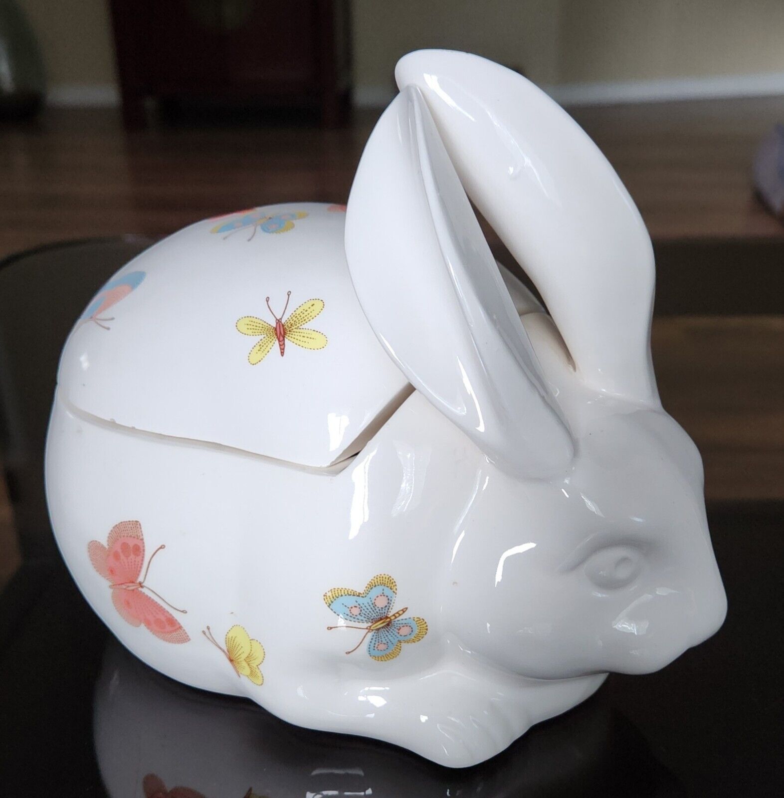 Vintage Fitz And Floyd Lidded Ceramic Bunny Rabbit With Butterfly Design