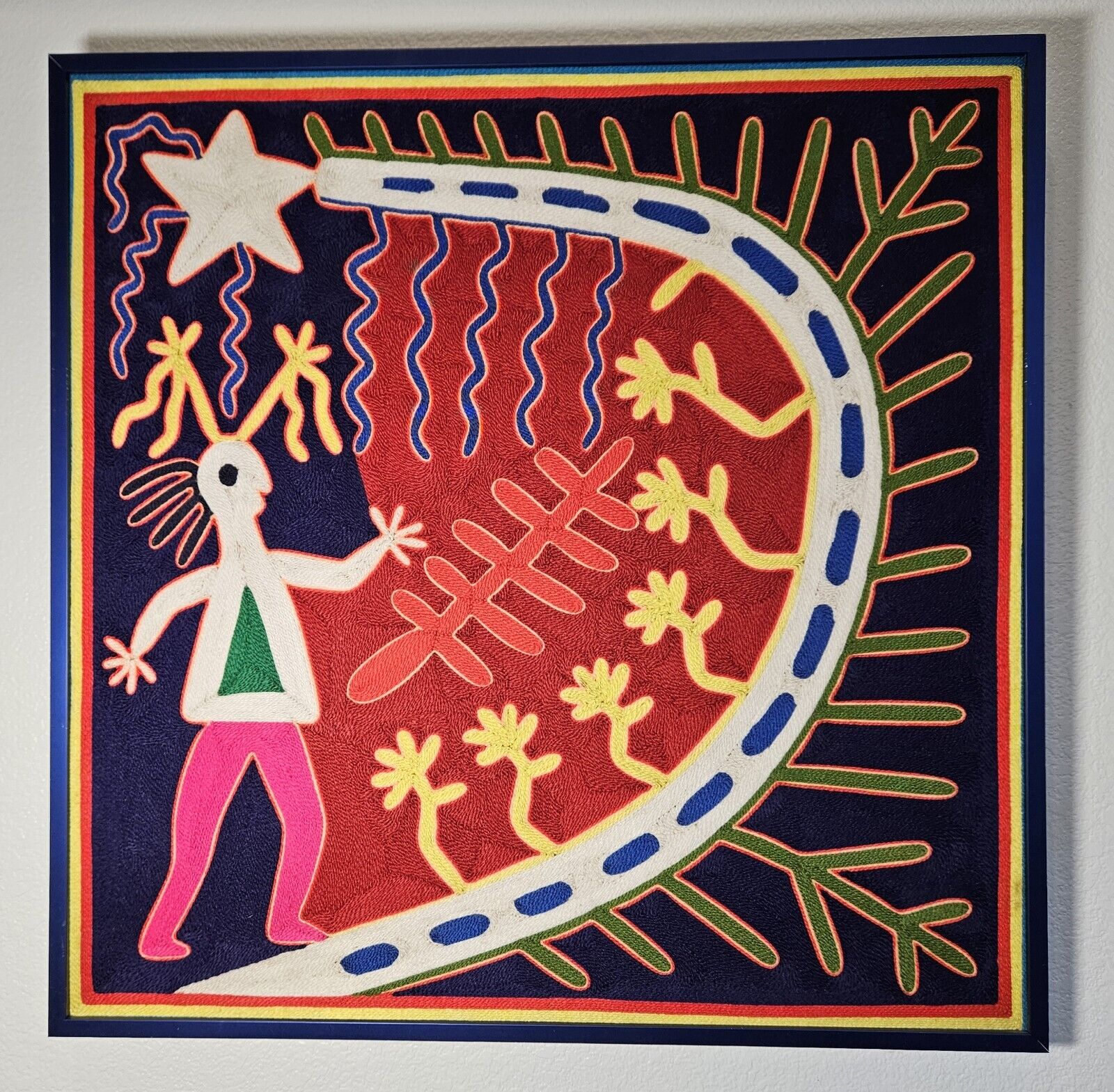 Wow Old Mexican Art Vintage Yarn Painting Huichol Ethnographic Deer & Symbols 