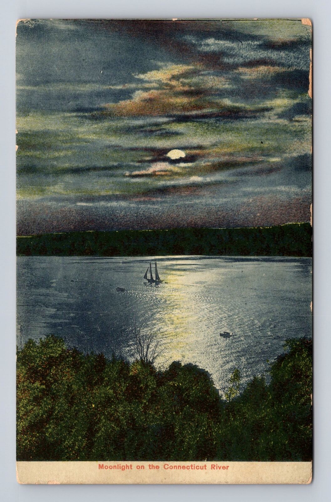 CT-Connecticut, Moonlight on Connecticut River, Antique Vintage Postcard