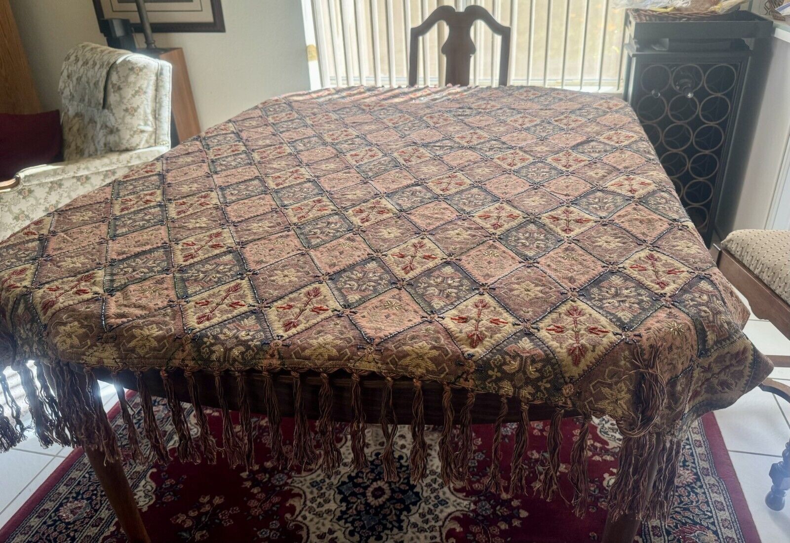 PIER 1 IMPORTS BOHO TABLECLOTH BROWN BEADED TAPESTRY 51”x58”