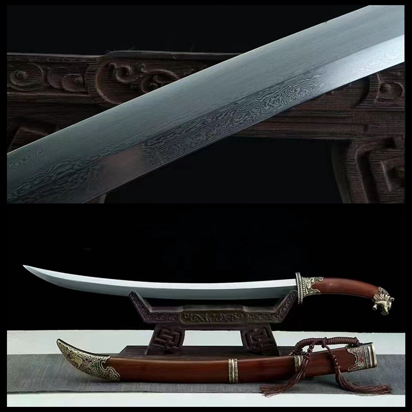 Mongolian Dao Chinese Handmade damascus steel sword Rosewood handle scabbard