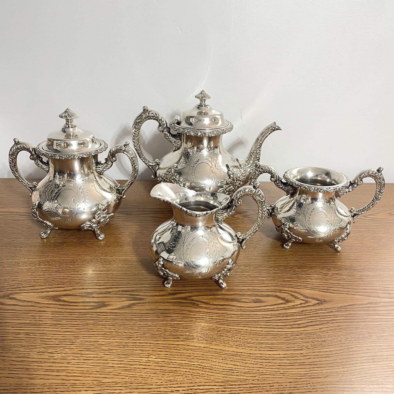 Antique Forbes Silver Co Vintage Tea Set 4-Piece Silverplate #962 Ornate Etched