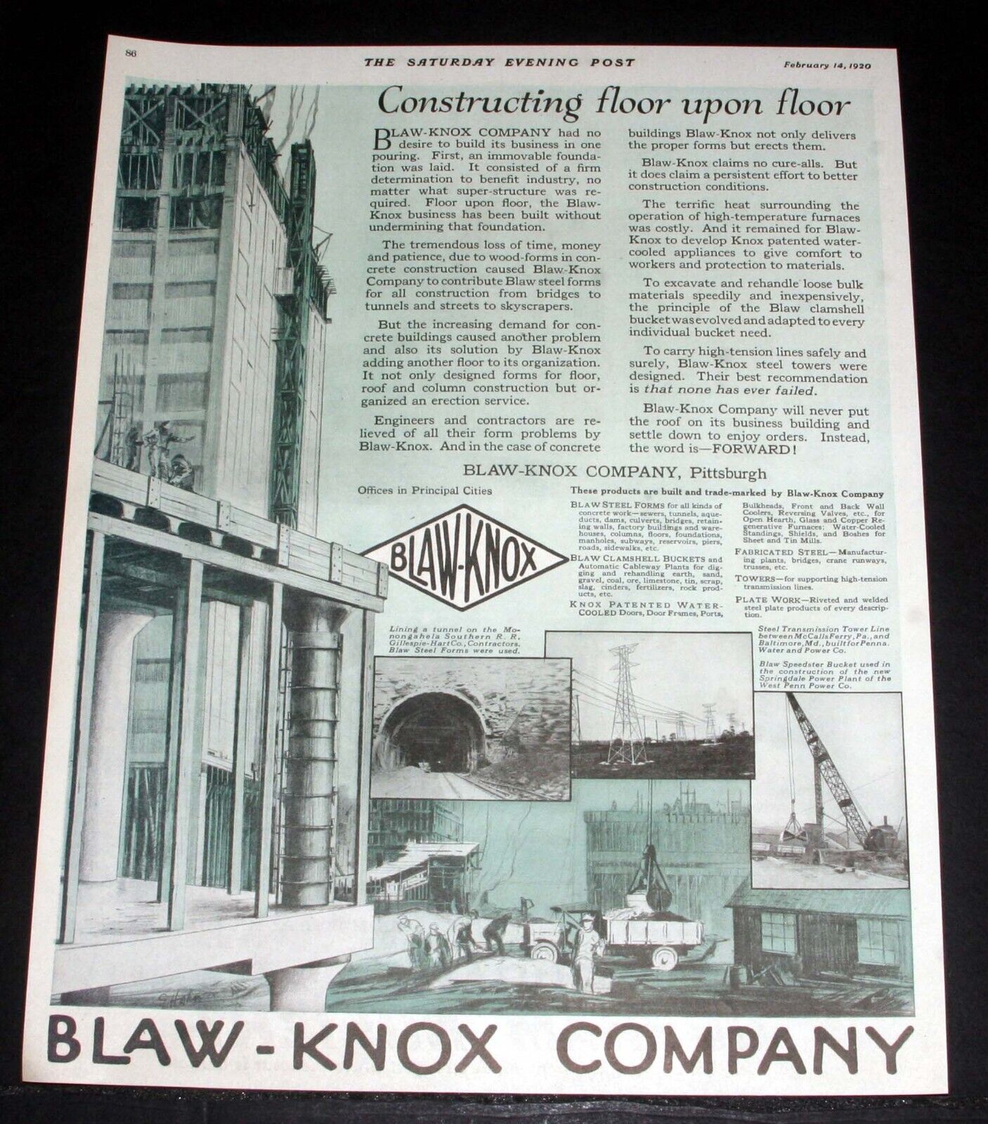 1920 OLD MAGAZINE PRINT AD, BLAW-KNOS COMPANY, CONSTRUCTING FLOOR UPON FLOOR
