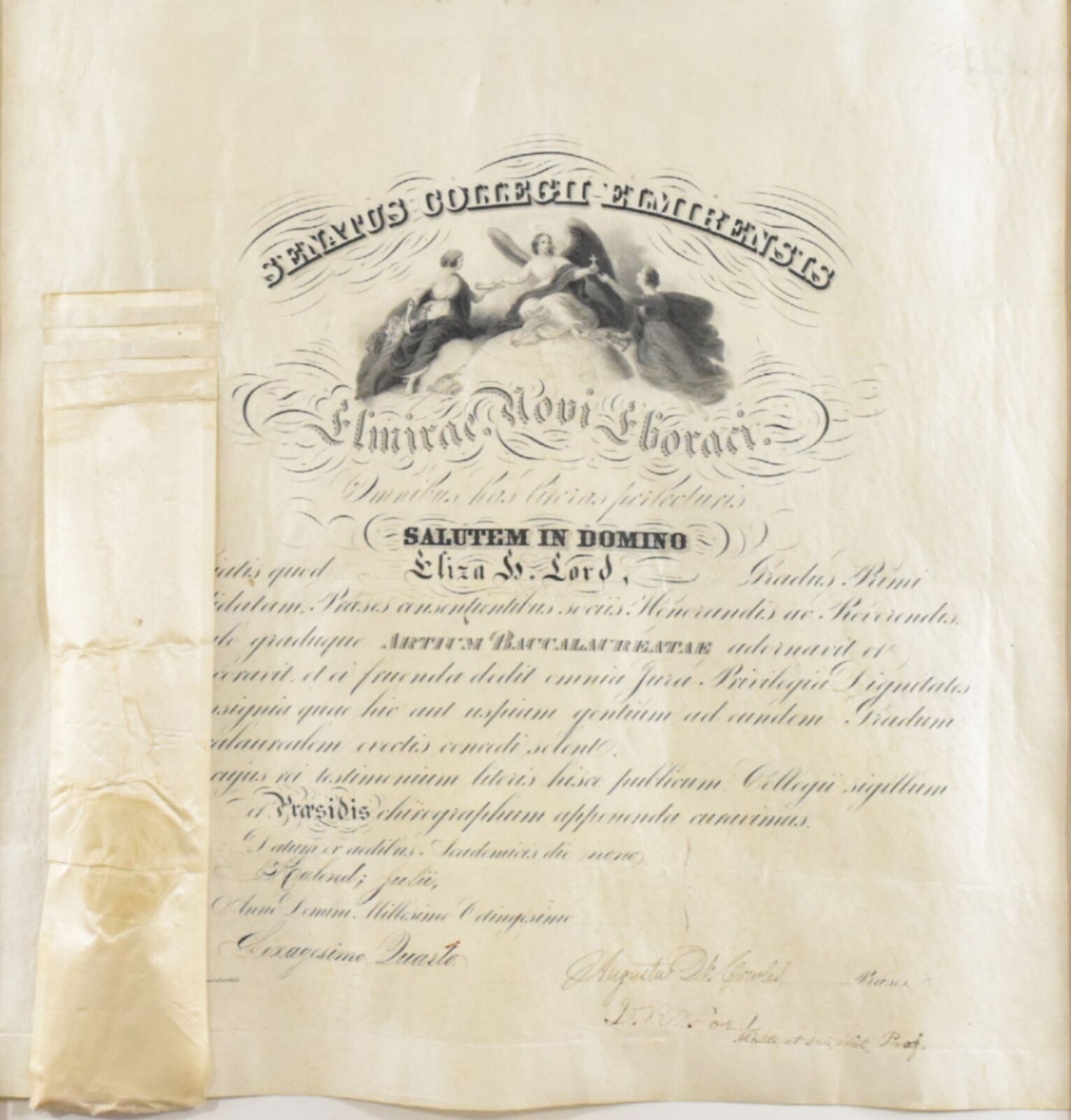 c1864 Antique A.B. Elmira College Diploma Certificate Eliza Hardy Lord