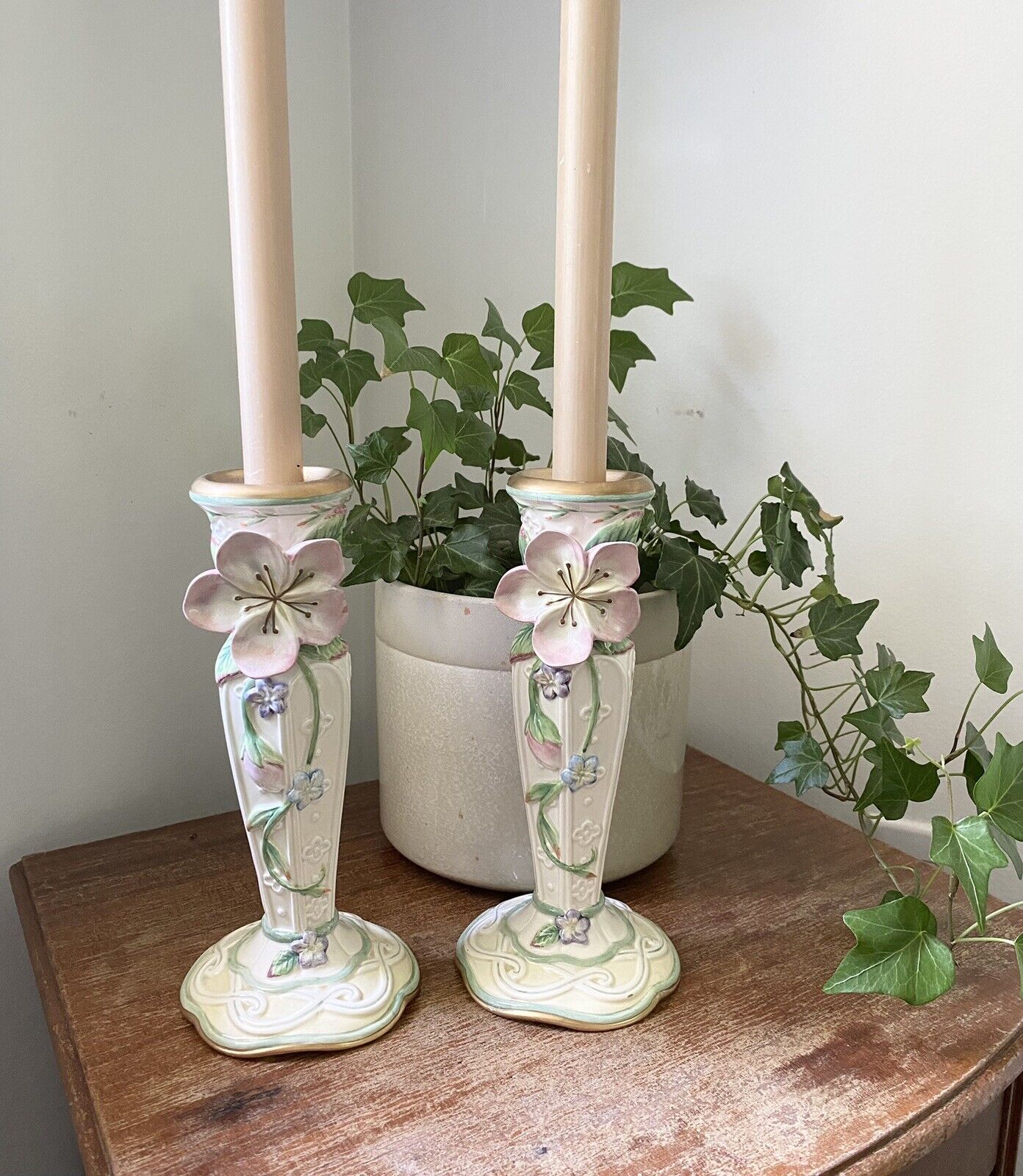 HTF Fitz And Floyd Pair Candle Holders Rhapsody Retired Pink Floral- Cottagecore
