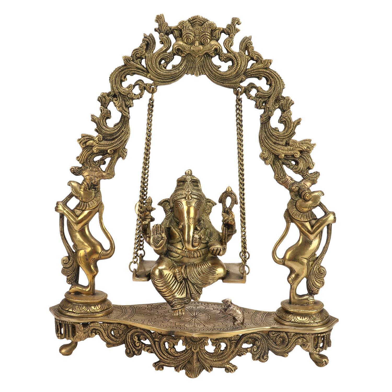 Brass Lord Ganesha Swing Statue Ganpati on Jhoola Jhula Home Office Decor 18 In