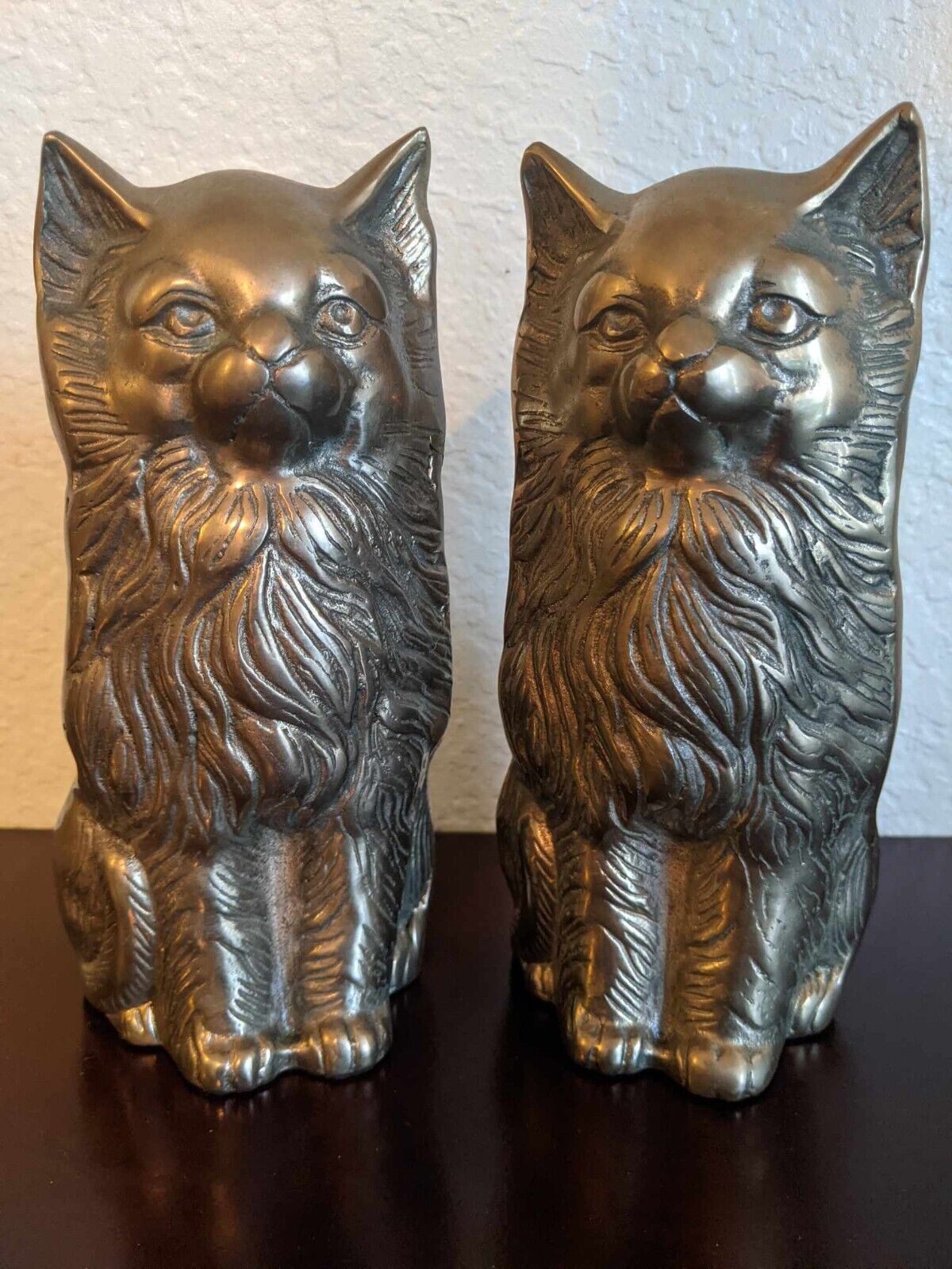 Vintage Solid Brass Sitting Cats Kittens Bookends / Sculpture Decor