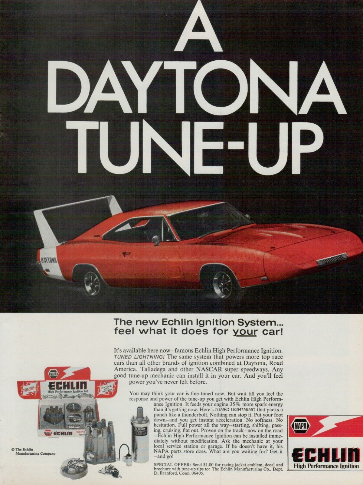 1970 Echlin Ignition System Dodge Charger Daytona Red NASCAR VINTAGE PRINT AD