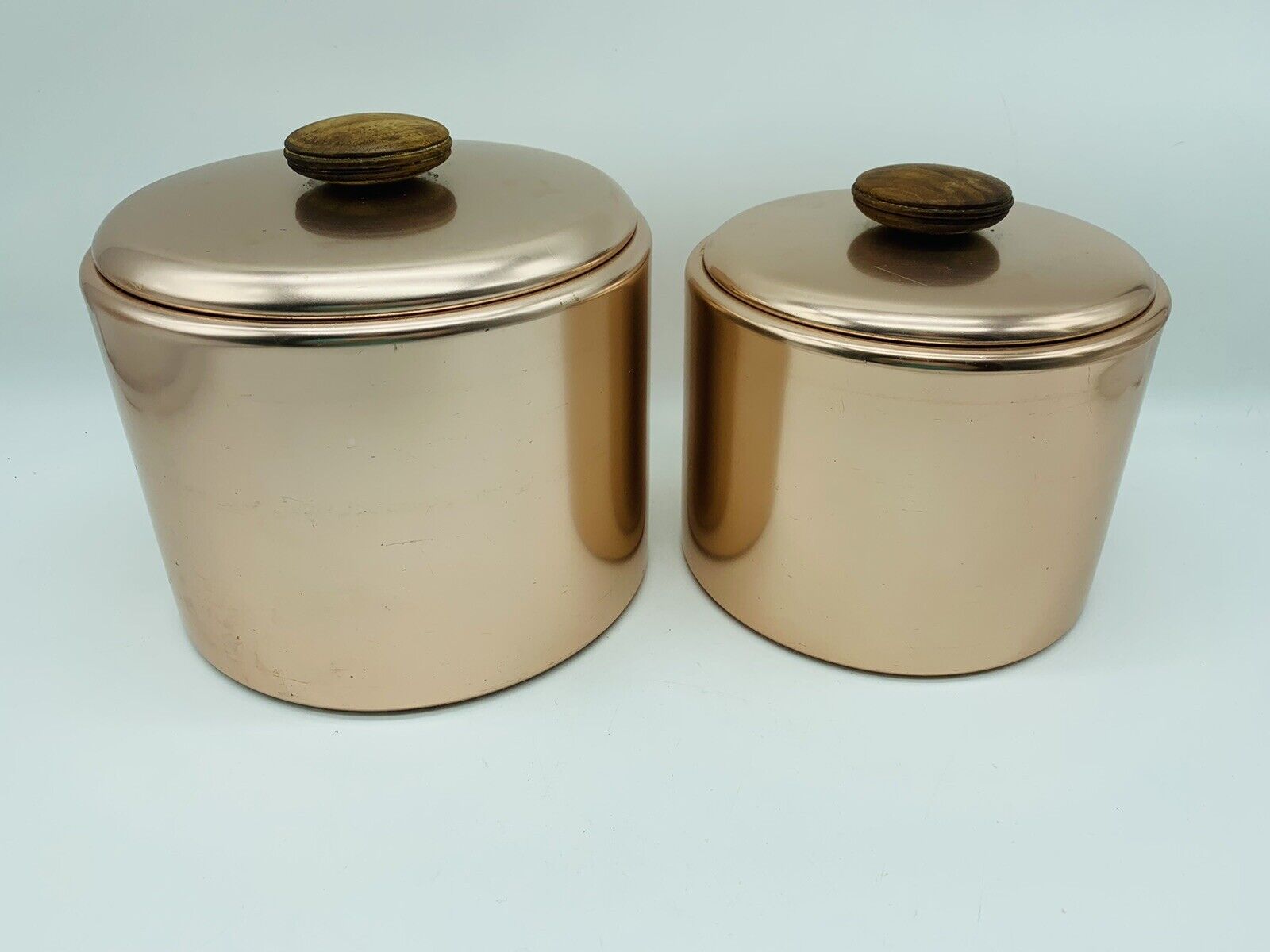 Vtg 50s Mirro Aluminum Copper Nesting Canister Lid Set (2) Wood Handle Anodized