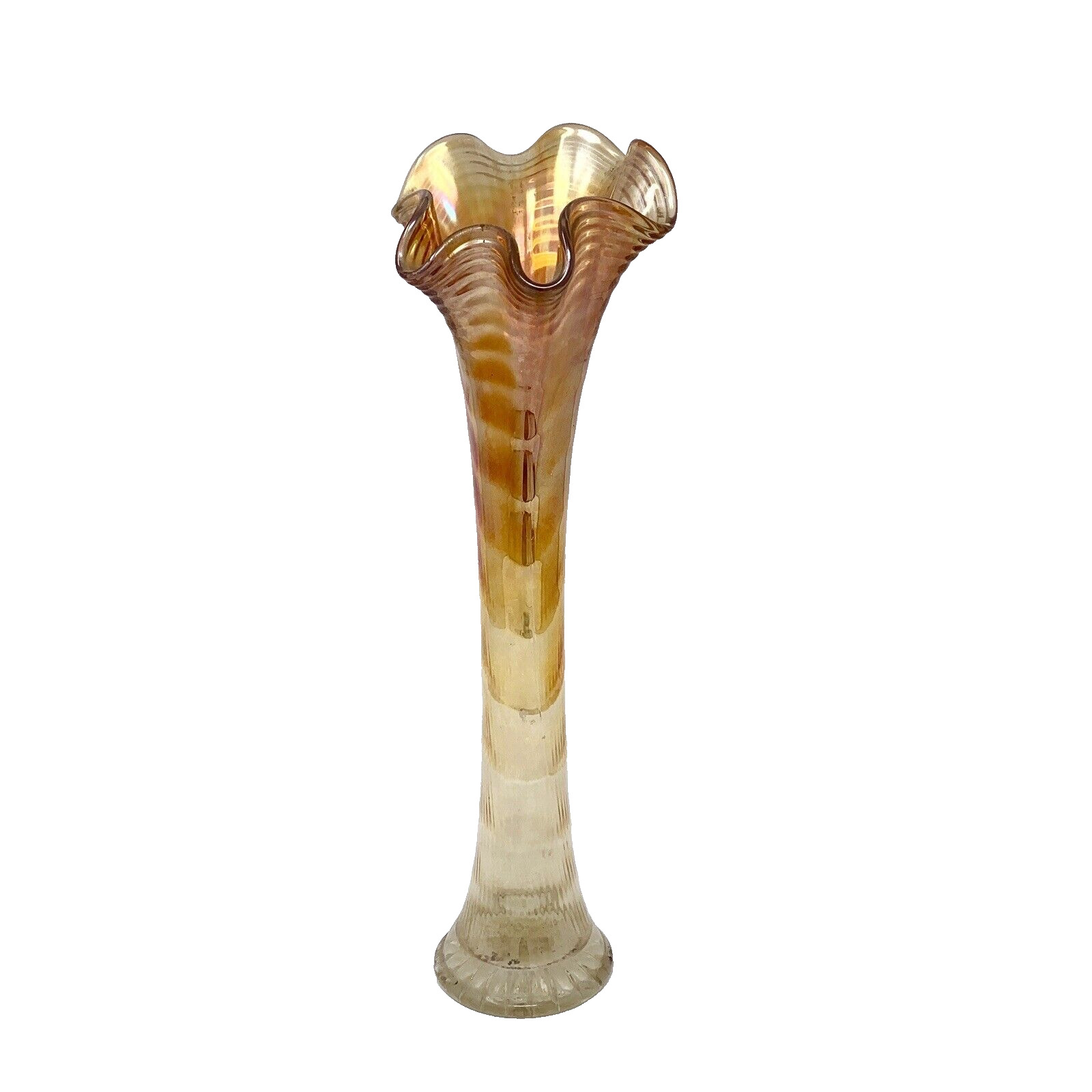 Imperial Carnival Swung Marigold Iridescent Tall Ripple Pattern Vase. 14”