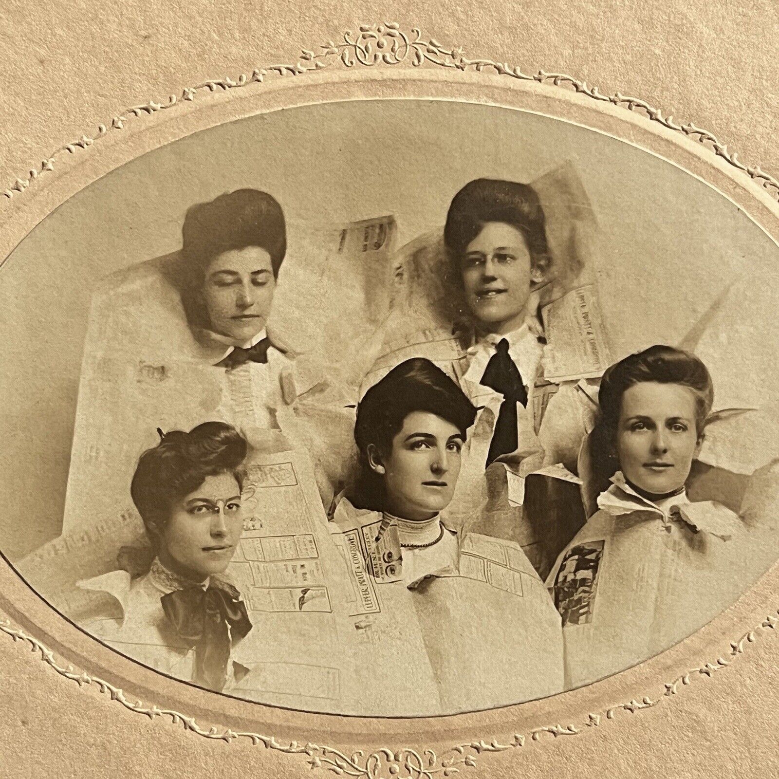 Antique Cabinet Card Photograph Beautiful Young Women Sisters Inside Newspaper