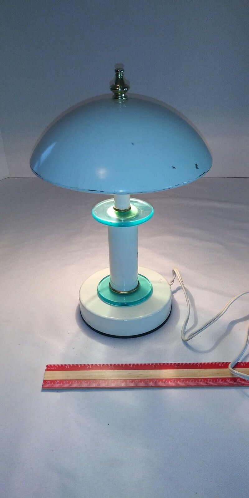 Vintage Post Modern White Metal Mushroom Top Style Petite Table Lamp W/Scratches