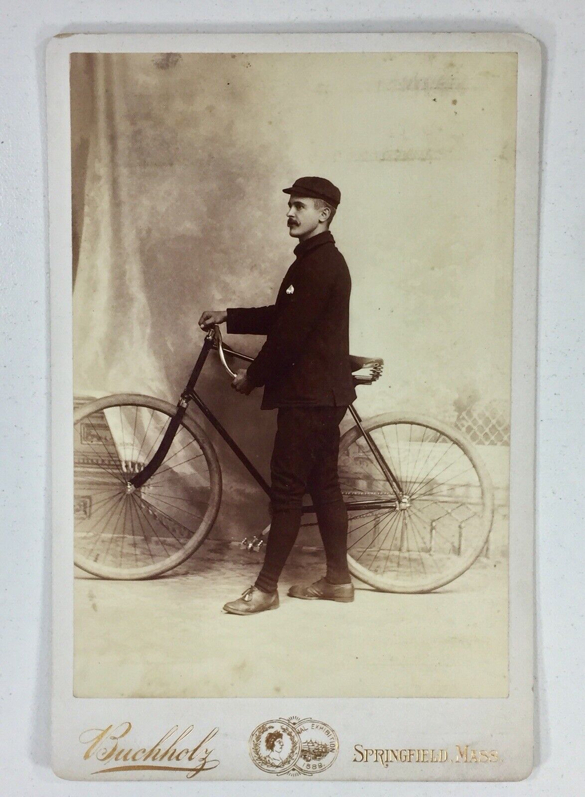Rare Antique Cabinet Photo Man With Bicycle White Wall Tires 1889