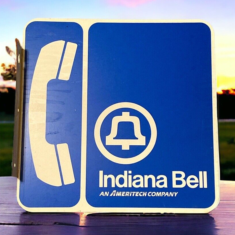 Vtg Indiana Bell Telephone Sign Drive Up Pay Phone Ameritech Advertising Blue