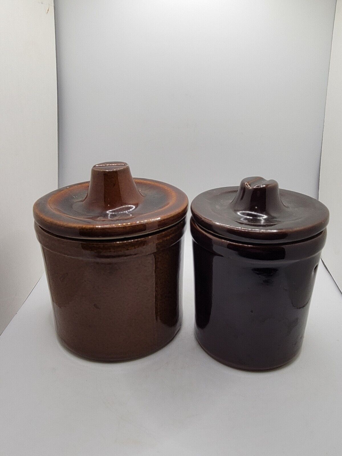 Vintage Stoneware Jar Crock with Lid / Brown Pottery Crock with Lid Set of 2