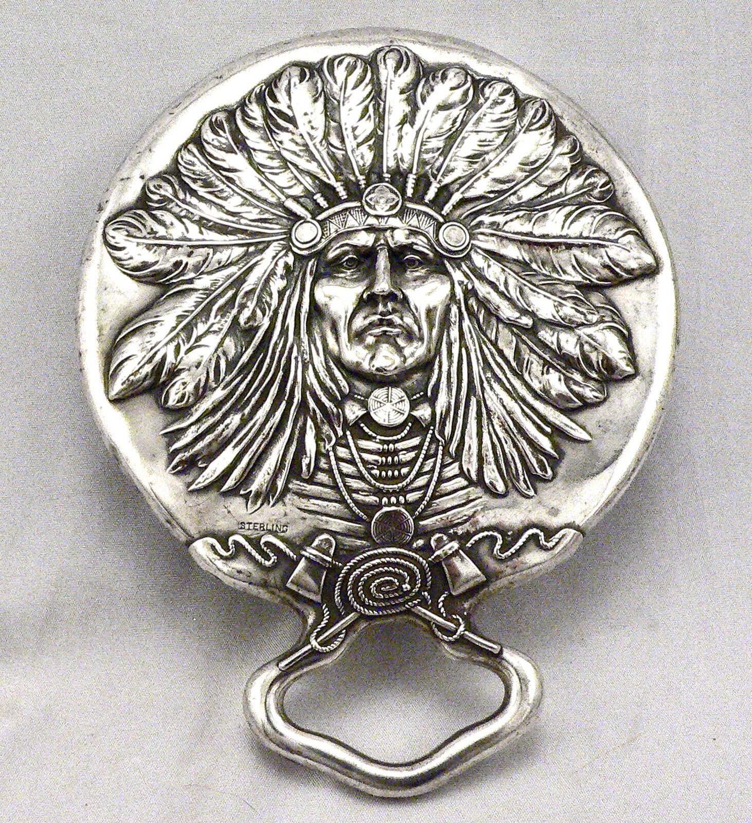 Antique c1900 UNGER BROTHERS STERLING Silver Indian Chief Hand MIRROR Unger Bros