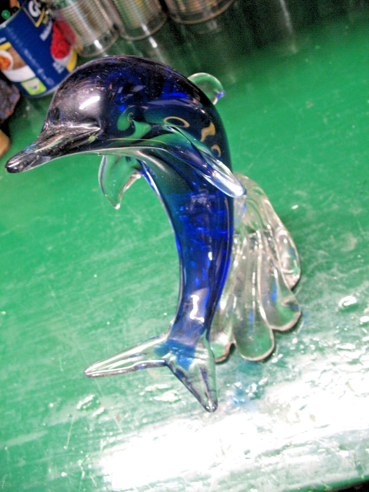 DOLPHIN BLOWN VENETIAN ART  GLASS ENCASED BLUE ON CLEAR STAND 11''  X 9'' LOVELY