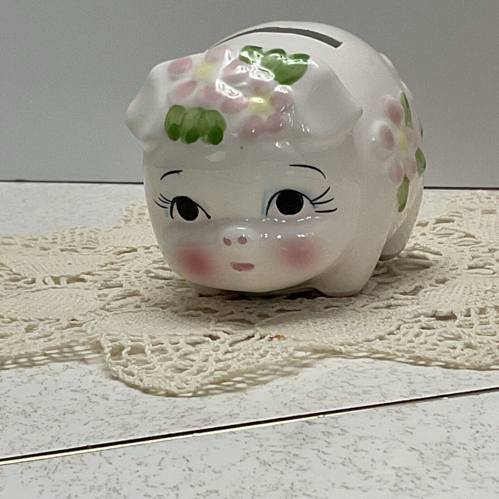 Vintage Ceramic Lefton  2.5” Pink Piggy Bank with Flowers and Stopper  Tiny/Cute