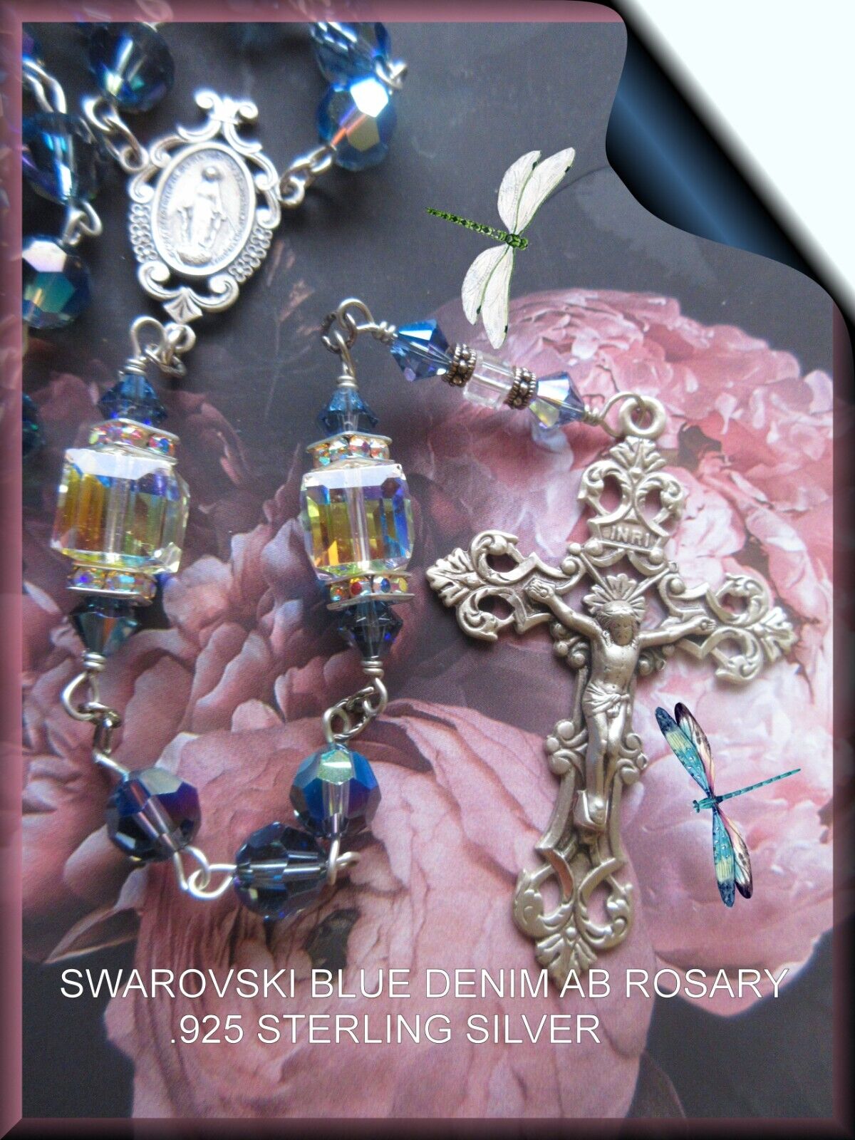 Handmade Rosary New Swarovski Blue Denim AB Beads Sterling Silver Blest w Relic