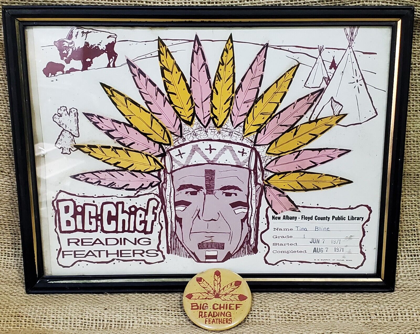 Vintage Big Chief Reading Feathers Framed Award 1971 Pinback Button Indiana NAFC