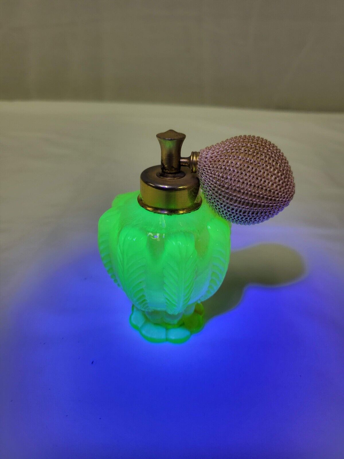 Vaseline Glass Fenton DeVilbiss Feather Perfume Atomizer Bottle Yellow Uranium
