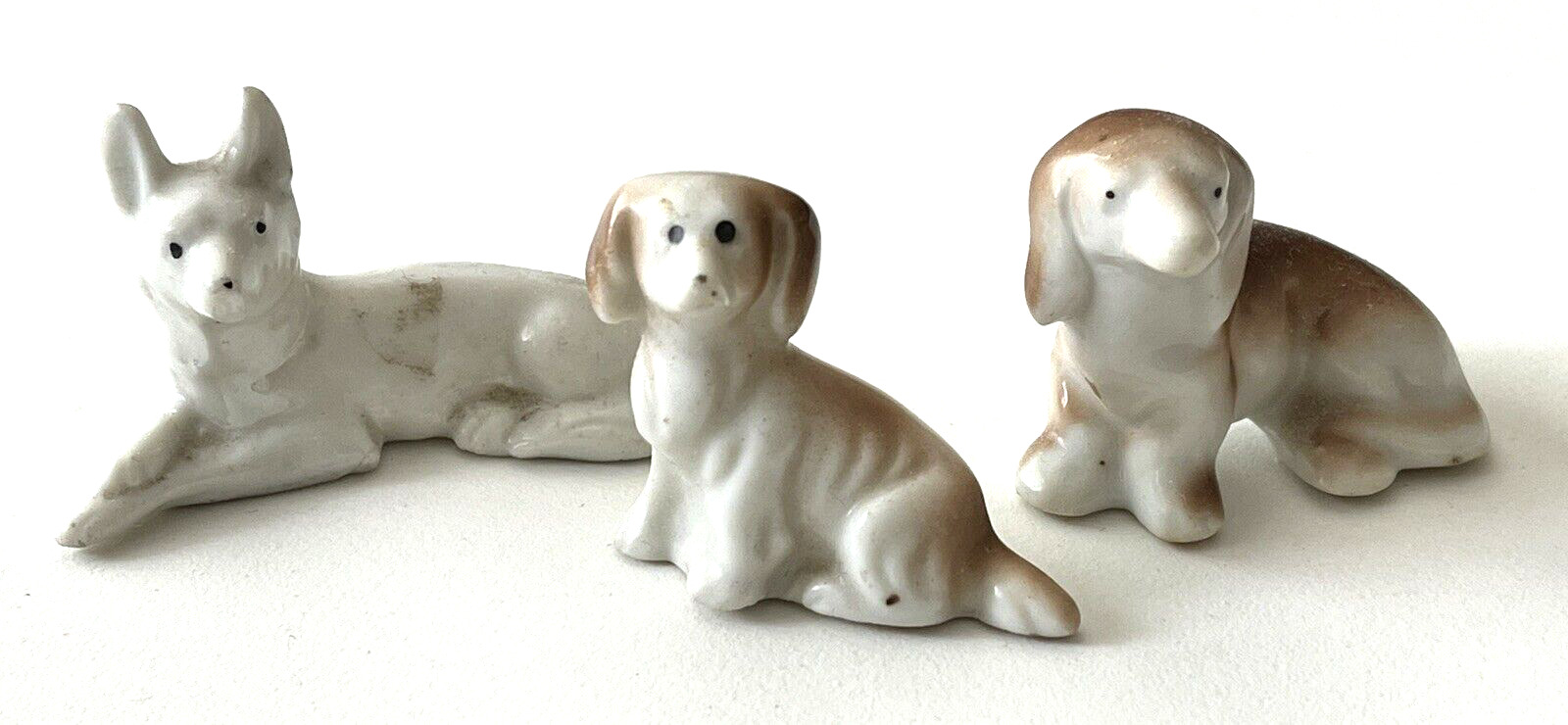 3 Vintage Miniature Porcelain Dog Figurines White & Tan Marked Made in Japan