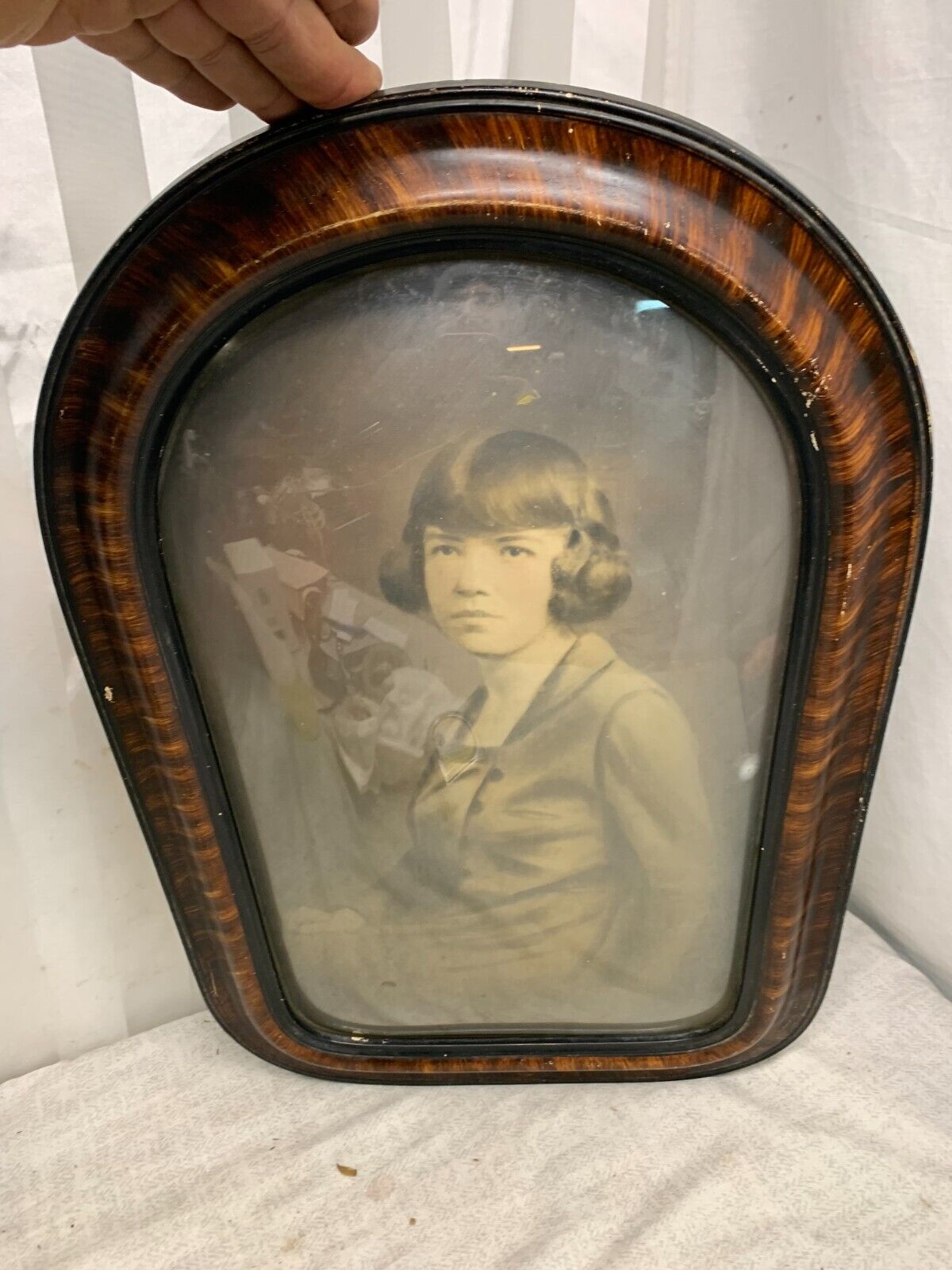 Antique 1800\'s Convex Bubble Glass Wooden Picture Frame B&W Photo Self Portrait